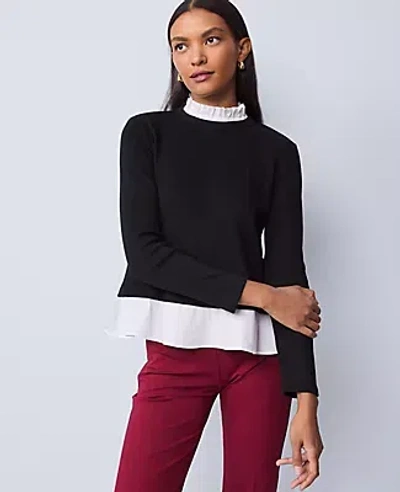 Ann Taylor Weekend Collection Ruffle Mix Media Top In Black