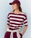 Ann Taylor Weekend Collection Stripe Ribbed Shoulder Button Tee In Plum Rose