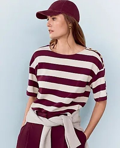 Ann Taylor Weekend Collection Stripe Ribbed Shoulder Button Tee In Plum Rose