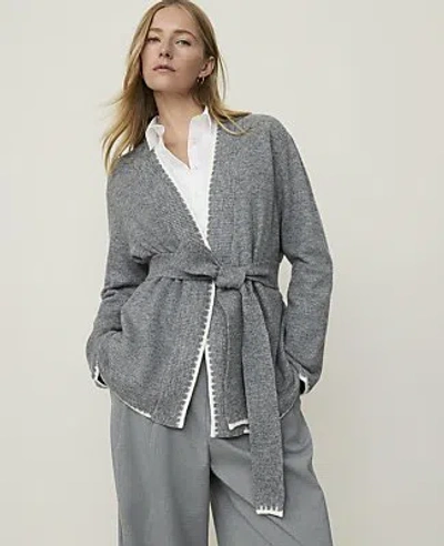 Ann Taylor Weekend Contrast Trim Belted Cardigan In Medium Heather Grey