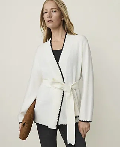 Ann Taylor Weekend Contrast Trim Belted Cardigan In Winter White