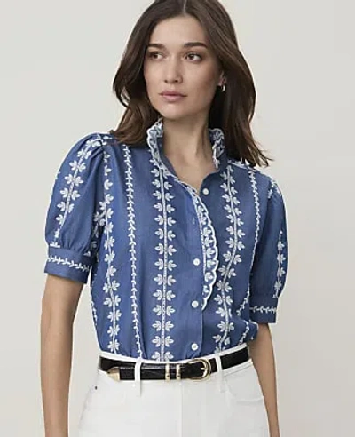 Ann Taylor Weekend Embroidered Ruffle Collar Blouse In Denim Blue/white