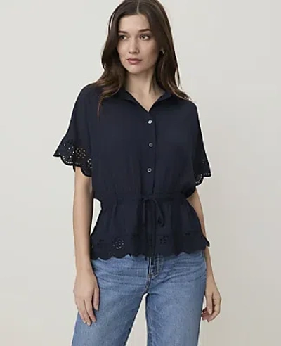 Ann Taylor Weekend Embroidered Tie Waist Blouse In Night Sky