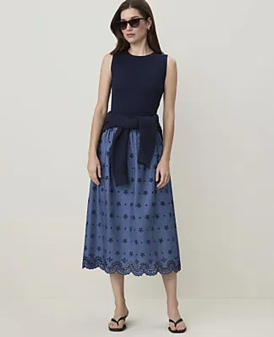 Ann Taylor Weekend Eyelet Gathered Midi Skirt In Sea Haze