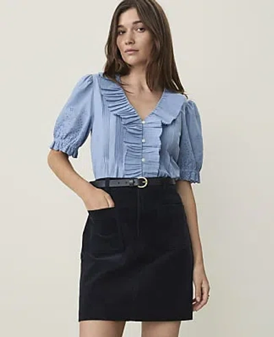 Ann Taylor Weekend Eyelet Ruffle Trim Blouse In Sea Haze