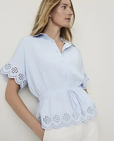 Ann Taylor Weekend Eyelet Tie Waist Blouse In Lightweight Blue