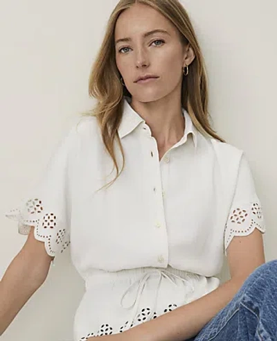 Ann Taylor Weekend Eyelet Tie Waist Blouse In Winter White