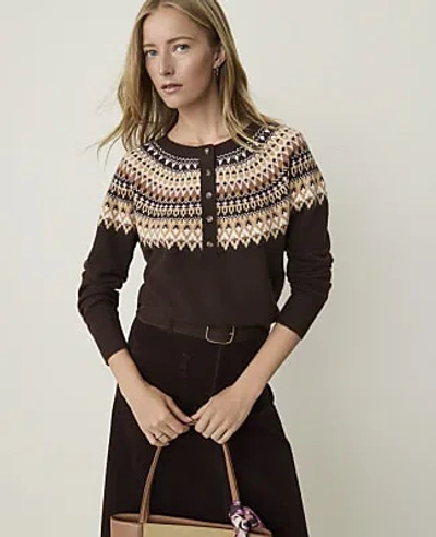 Ann Taylor Weekend Fair Isle Henley Sweater In French Mocha