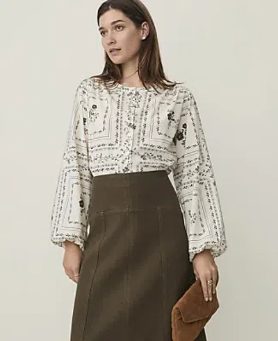 Ann Taylor Weekend Floral Blouson Sleeve Blouse In Sea Pearl