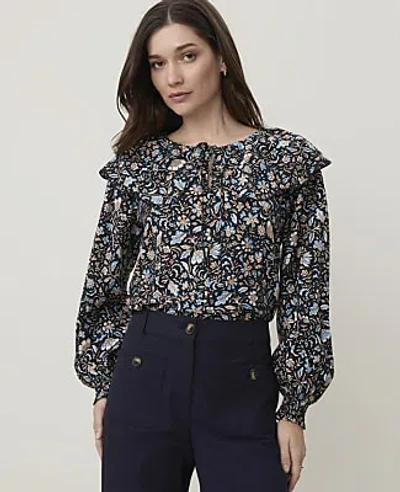 Ann Taylor Weekend Floral Tie Neck Blouse In Night Sky