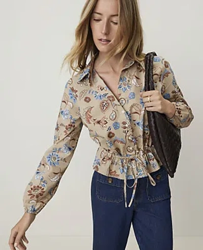 Ann Taylor Weekend Floral Tie Waist Blouse In Cool Sesame