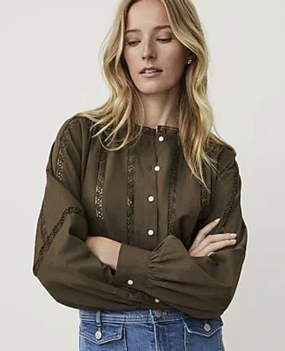 Ann Taylor Weekend Lace Trim Blouse In Caper Shadow