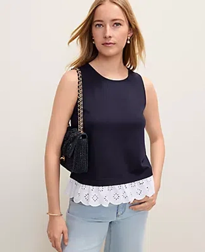 Ann Taylor Weekend Layered Mixed Media Shell Top In Blue
