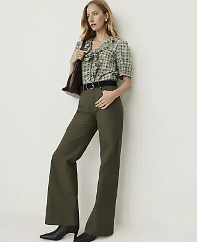 Ann Taylor Weekend Plaid Ruffle Trim Blouse In Soft Eucalyptus