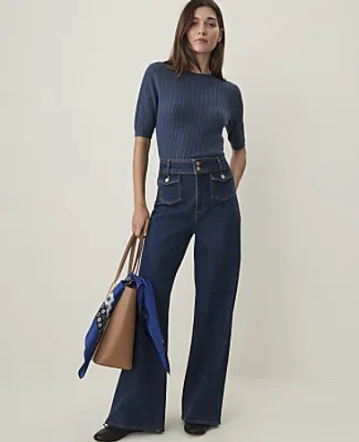 Ann Taylor Weekend Pointelle Ruffle Trim Sweater In Ink Blue