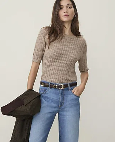 Ann Taylor Weekend Pointelle Ruffle Trim Sweater In Soft Mink Melange