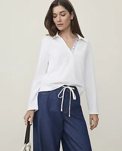 Ann Taylor Weekend Split Neck Polo Top In White
