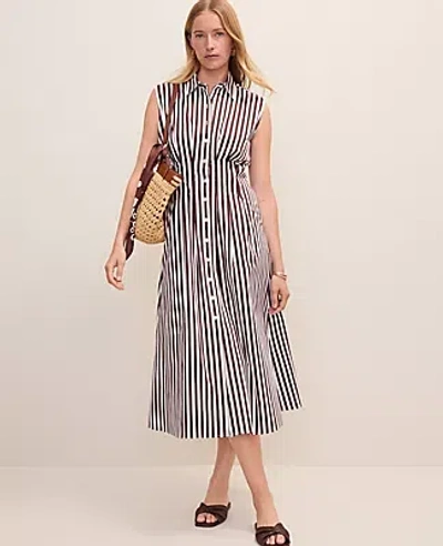 Ann Taylor Weekend Striped Pleated Midi Shirtdress In Brown