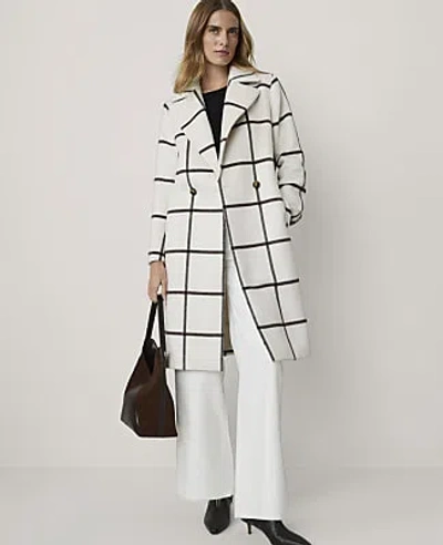 Ann Taylor Windowpane Long Double Breasted Coat In Whitecap