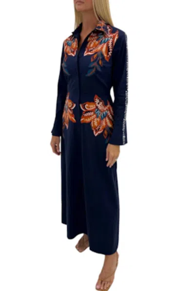 Anna Cate Holton Long Sleeve Midi Dress In Navy Leaf In Blue
