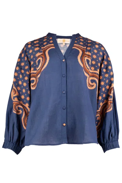 Anna Cate Jill Blouse In Navy/camel In Multi