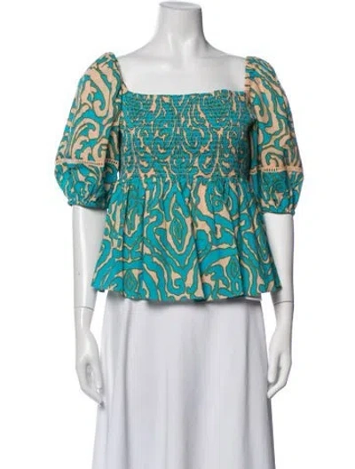 Pre-owned Anna Cate Printed Square Neckline Top In Blue/green