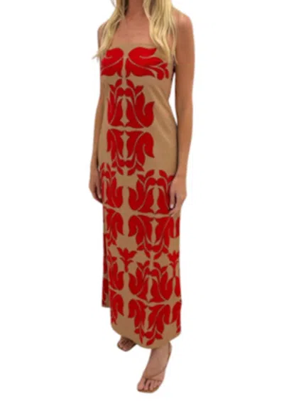 Anna Cate Wess Strapless Midi Dress In Red/khaki In Multi