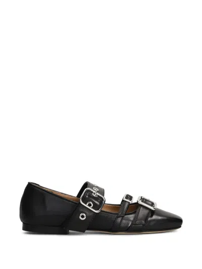 Anna F Eyelet-embellished Buckle-strap Leather Ballet Flats In Black