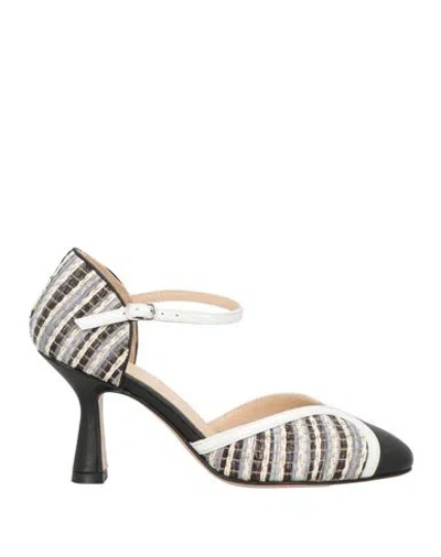 Anna F . Woman Pumps Black Size 7 Leather, Natural Raffia In Multi