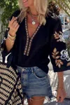 Anna-kaci Boho Floral Embroidered Blouse In Black In Black