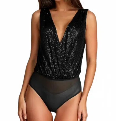 Anna-kaci Cowl Back V-neck Sleeveless Sequin Bodysuit In Black