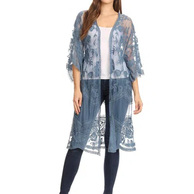 Anna-kaci Embroidered Floral Butterfly Kimono Cover Up Cardigan In Blue