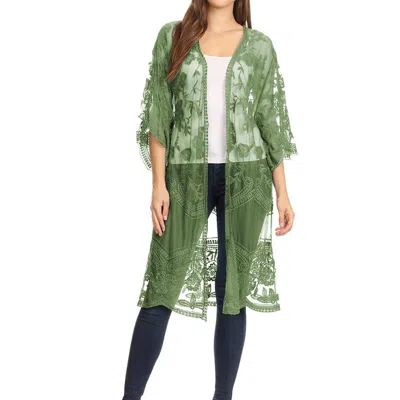 Anna-kaci Embroidered Floral Butterfly Kimono Cover Up Cardigan In Green