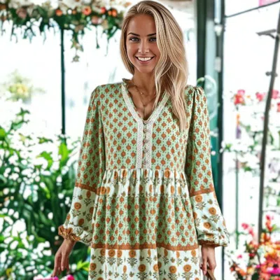 Anna-kaci Floral Pattern Boho Dress In Green