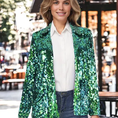 Anna-kaci Glitter Long Sleeve Open Front Sparkle Party Blazer Jacket In Green