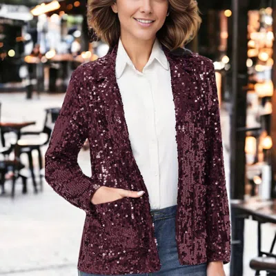 Anna-kaci Glitter Long Sleeve Open Front Sparkle Party Blazer Jacket In Red