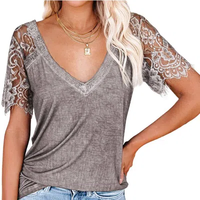 Anna-kaci Lace Short Sleeve T-shirt V Neck Cotton Summer Casual Tops Tee Shirts In Brown