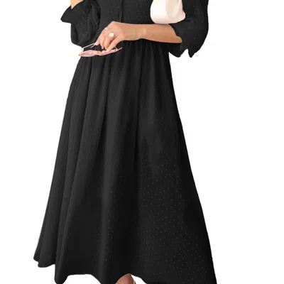Anna-kaci Long Sleeve Swiss Dot Lined Maxi Dress For Women Smocked Tied Detail Square Neck In Black