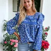 Anna-kaci Ruffle Shoulder Crochet Detail Floral Blouse In Blue