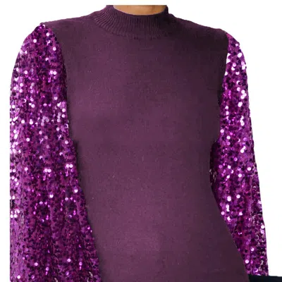 Anna-kaci Sequin Balloon Long Sleeve Mock Neck Pullover Top In Purple