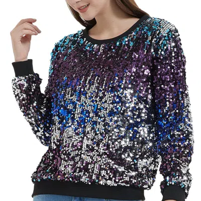 Anna-kaci Sequin Sweatshirt Round Neck Top Long Sleeve Ribbed Cuffs Outerwear In Blue