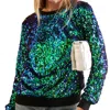 Anna-kaci Sequin Sweatshirt Round Neck Top Long Sleeve Ribbed Cuffs Outerwear In Green