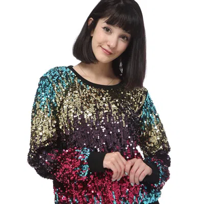 Anna-kaci Sequin Sweatshirt Round Neck Top Long Sleeve Ribbed Cuffs Outerwear In Multi