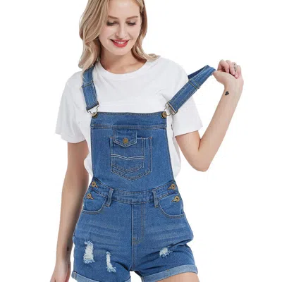 Anna-kaci Women's Distressed Short Overalls Adjustable Denim Bib Overall Shorts Roll Cuff Romper In Blue