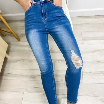 Anna-kaci Women's High Waisted Denim Skinny Jeans Stretch Distressed Ripped Knee Pants In Blue