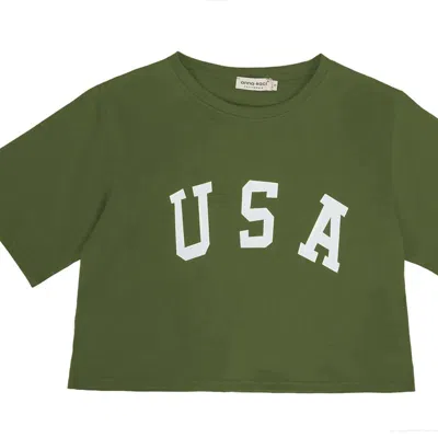 Anna-kaci Women's Letter Print Crop Top Short Sleeve July 4th Usa Flag T-shirt In Green