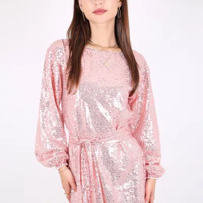 Anna-kaci Women's Sparkly Sequins Party Dress Long Sleeve Crew Neck Elegant Loose Fashion Dresses In Pink