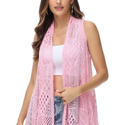 Anna-kaci Womens Sleeveless Open Front Crochet Shawl Cardigan Bikini Cover Up In Pink