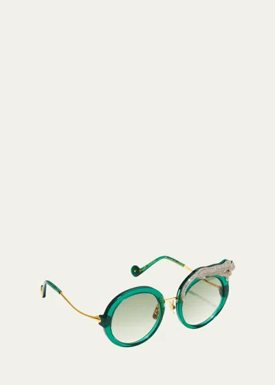 Anna-karin Karlsson Rose Et La Roue Round Crystal-embellished Leopard Sunglasses In Emerald