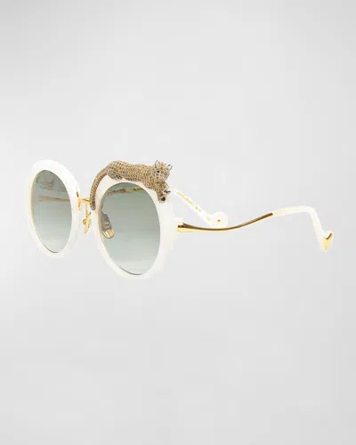Anna-karin Karlsson Rose Et La Roue Round Crystal-embellished Leopard Sunglasses In Pearl